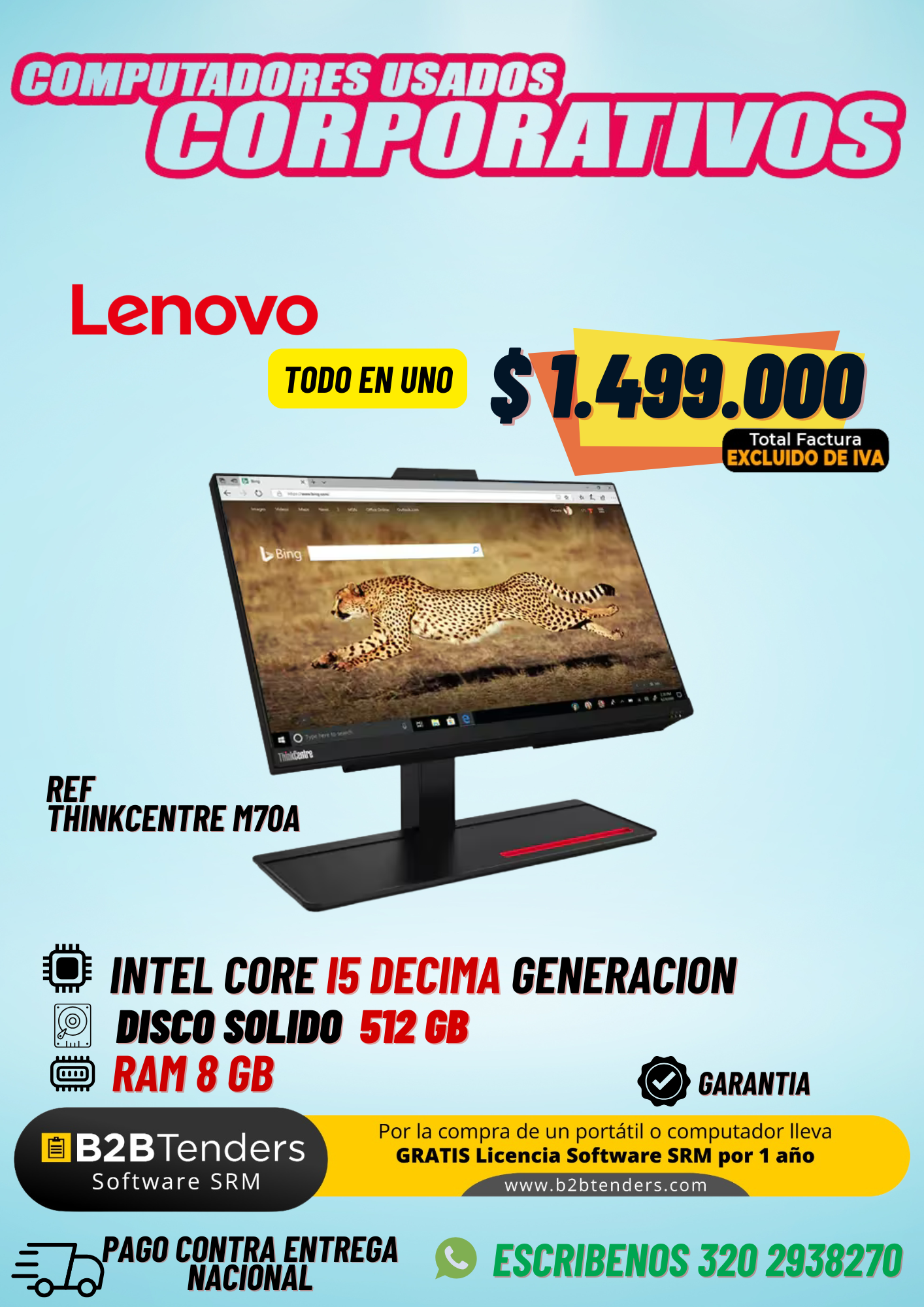 Lenovo ThinkCentre M70a Todo en Uno – Core i5 10ª Gen, 8GB RAM, 512GB SSD | Corporativo Usado $1.499.000